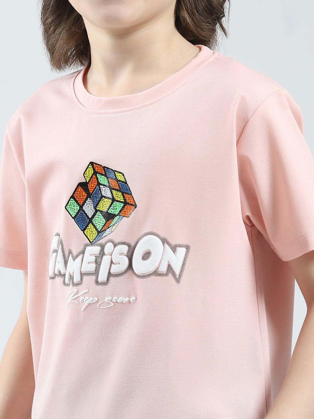 Boys Peach Printed Round Neck Half Sleeve T-Shirt