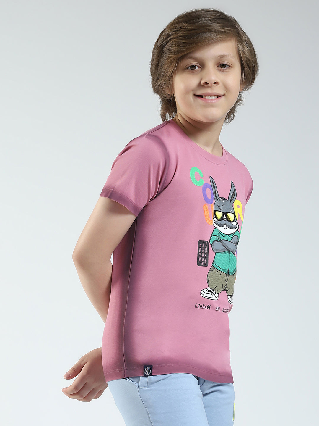 Boys Pink Printed Round Neck Half Sleeve T-Shirt