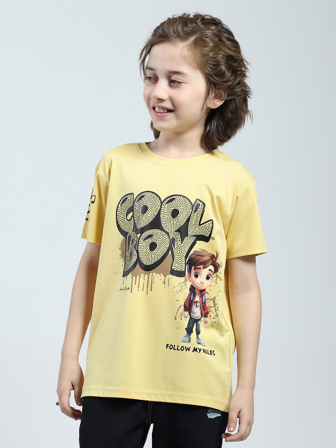 Boys Yellow Printed Round Neck Half Sleeve T-Shirt