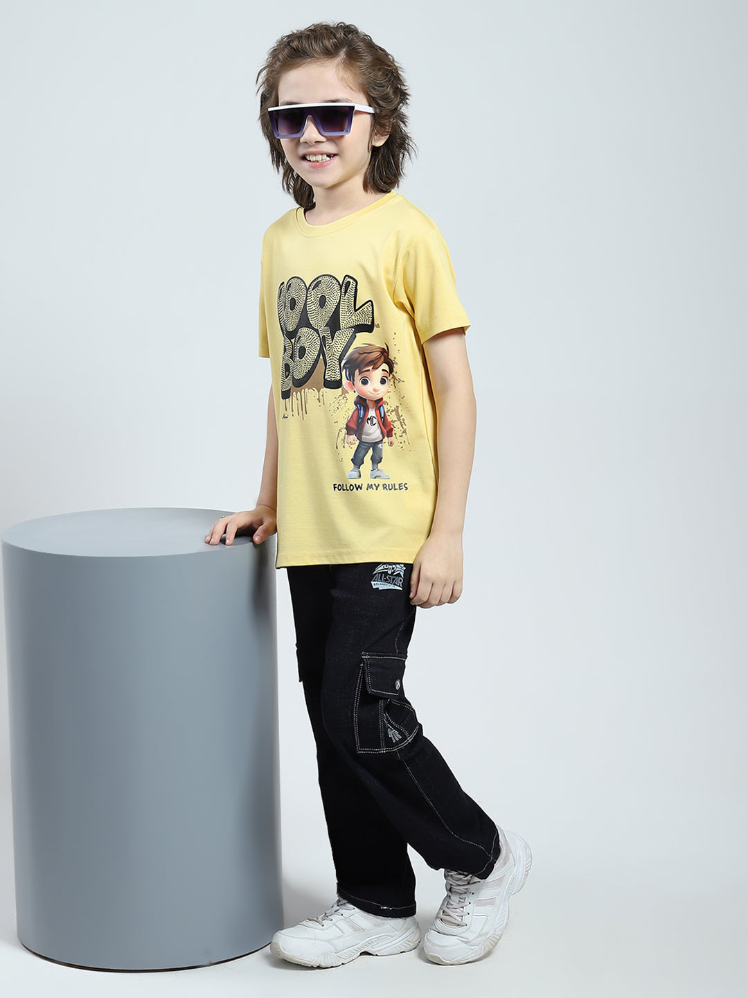 Boys Yellow Printed Round Neck Half Sleeve T-Shirt