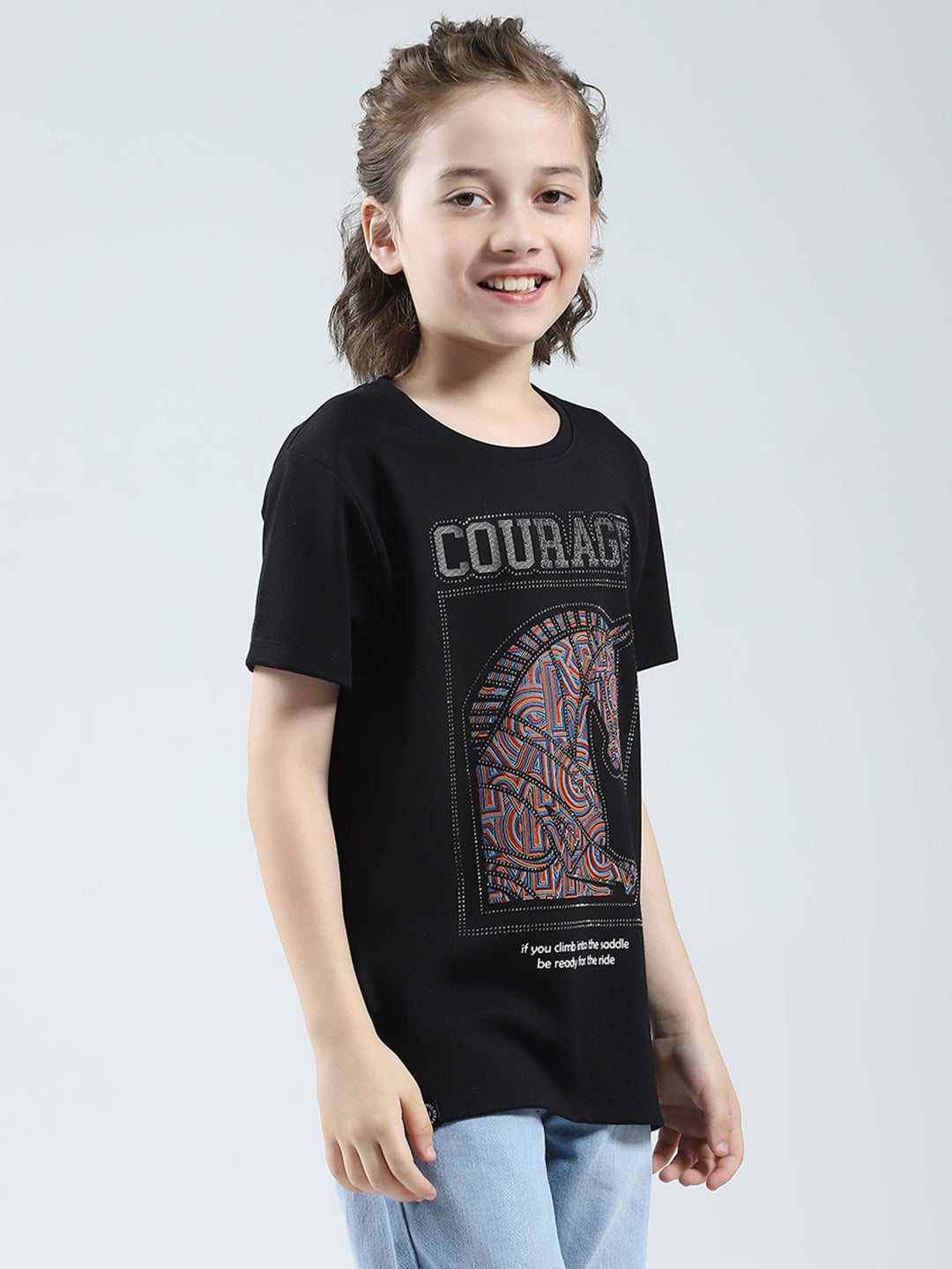 Boys Black Printed Round Neck Half Sleeve T-Shirt