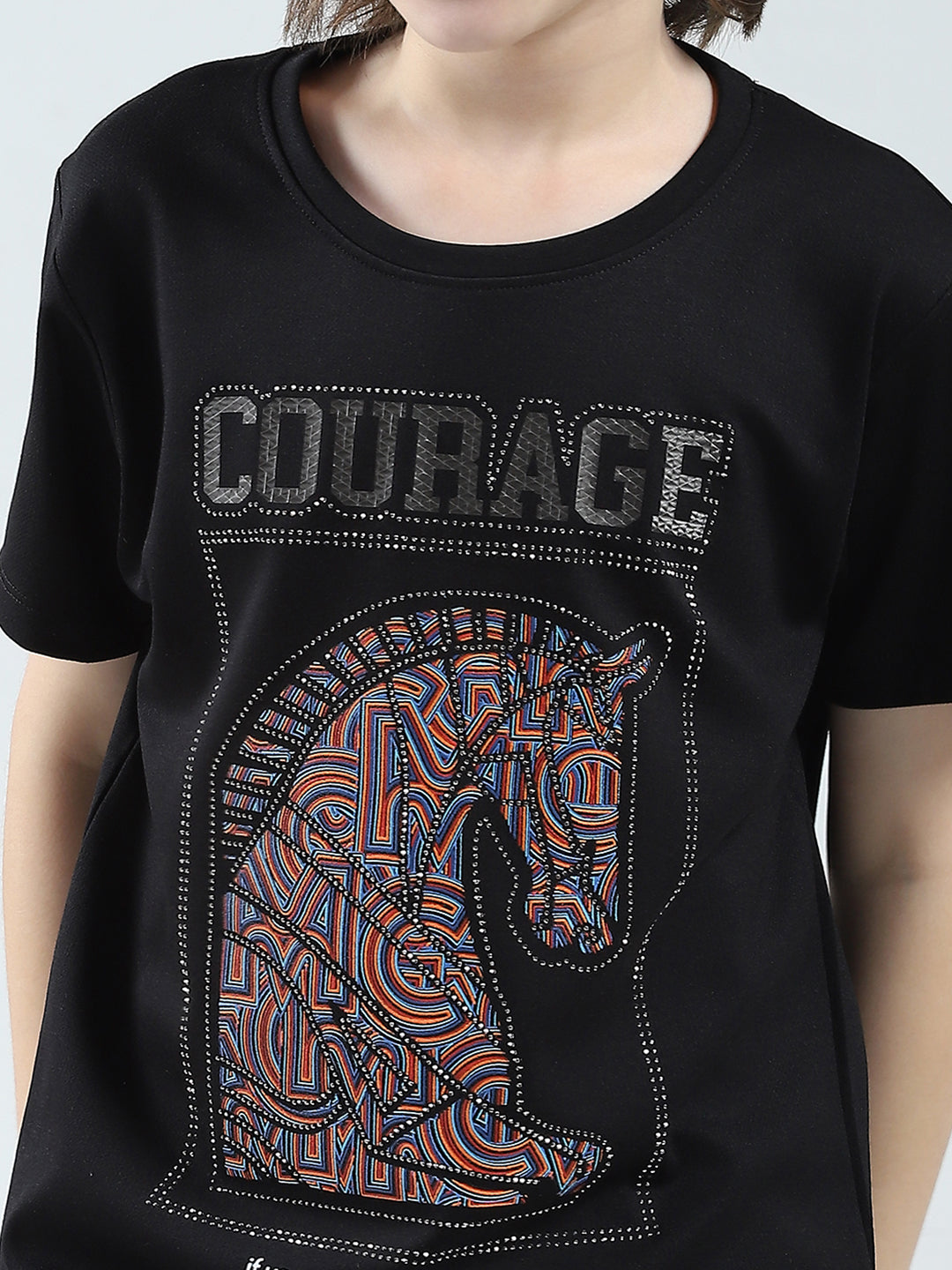 Boys Black Printed Round Neck Half Sleeve T-Shirt