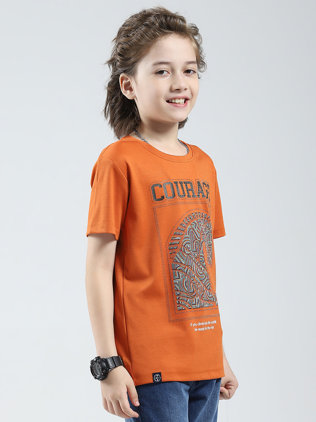 Boys Orange Printed Round Neck Half Sleeve T-Shirt