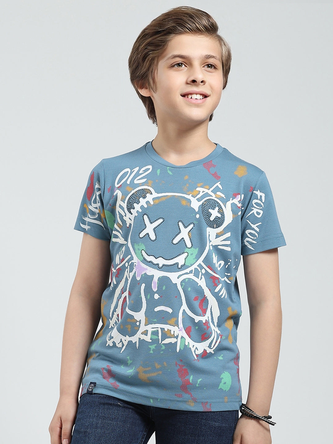 Boys Blue Printed Round Neck Half Sleeve T-Shirt