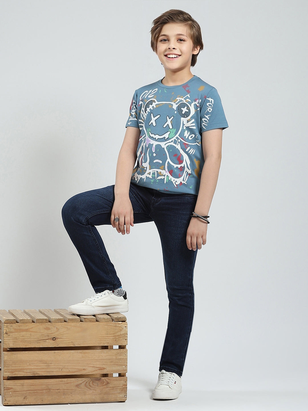Boys Blue Printed Round Neck Half Sleeve T-Shirt