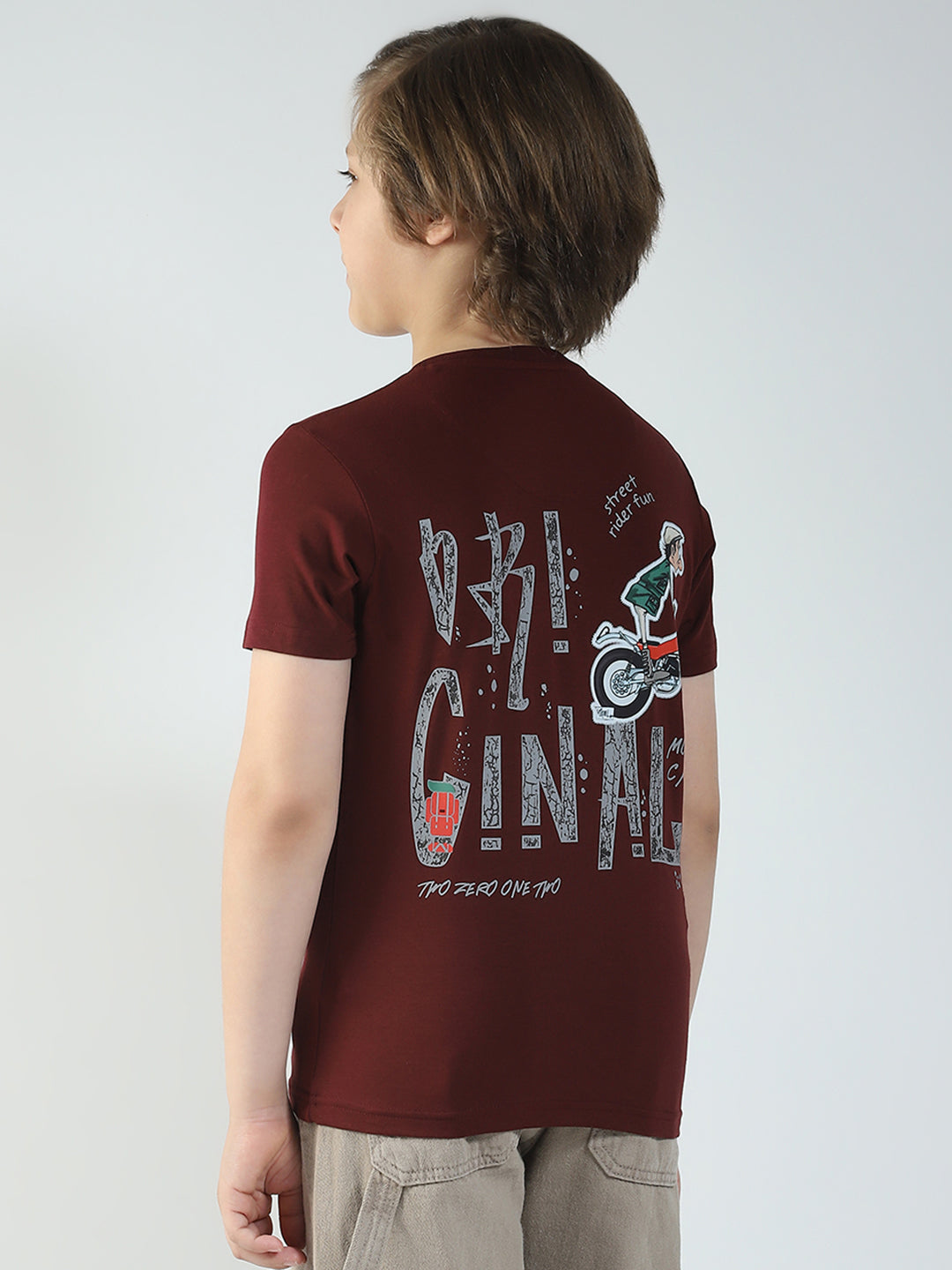 Boys Maroon Printed Round Neck Half Sleeve T-Shirt