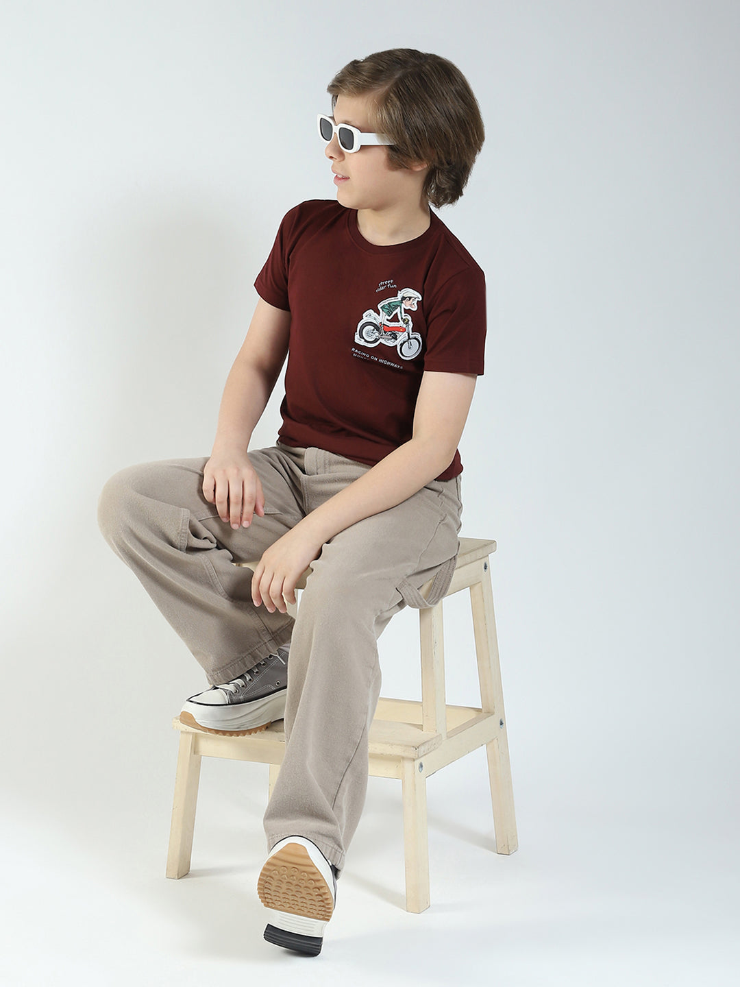 Boys Maroon Printed Round Neck Half Sleeve T-Shirt