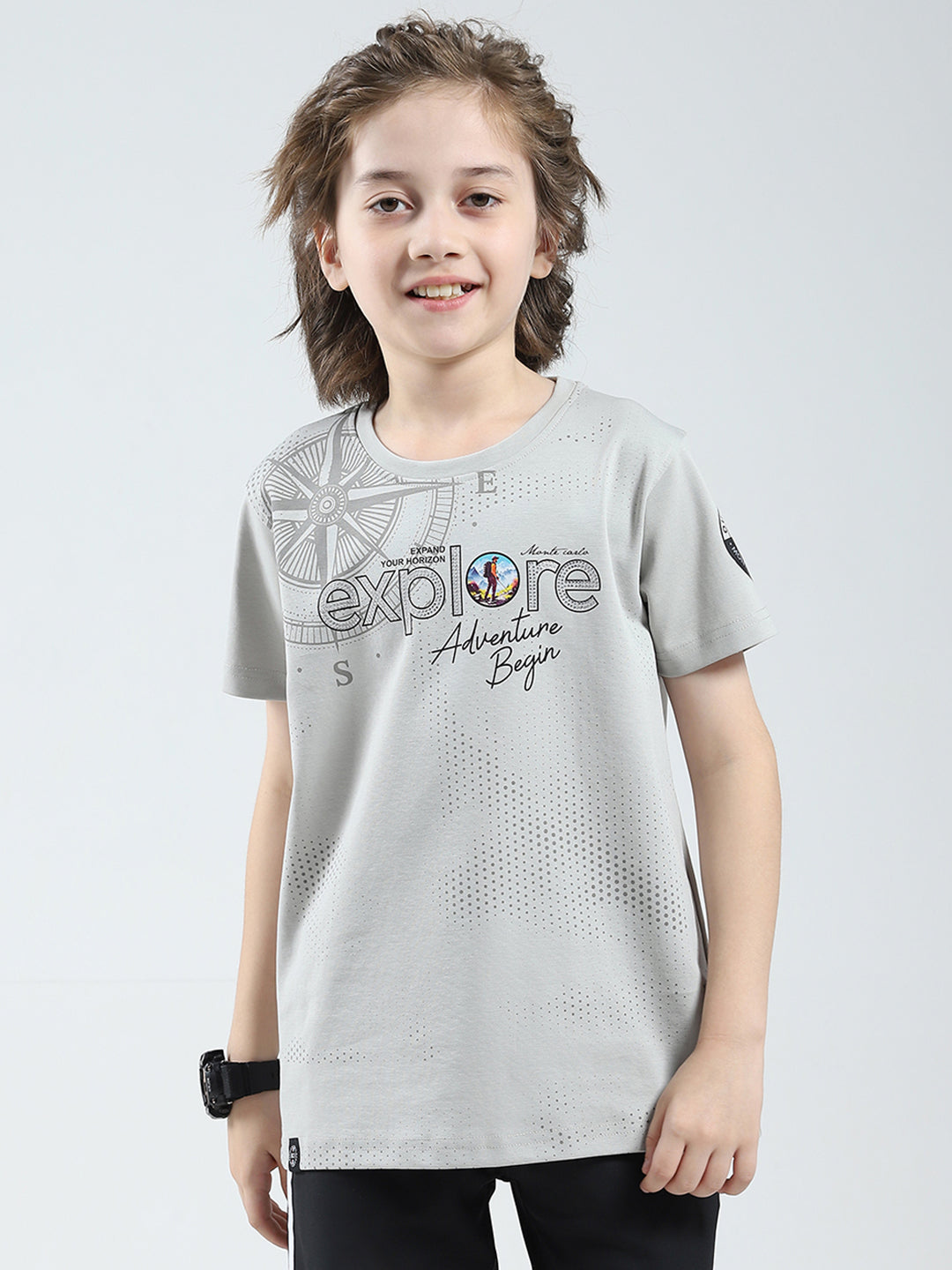 Boys Grey Printed Round Neck Half Sleeve T-Shirt