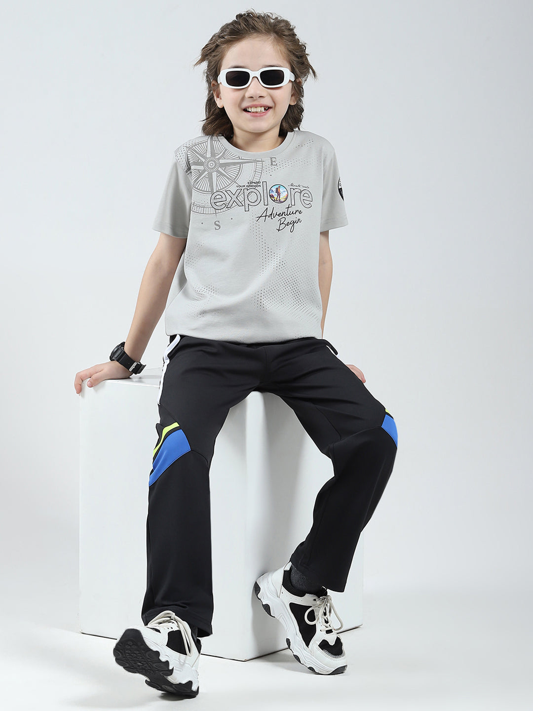 Boys Grey Printed Round Neck Half Sleeve T-Shirt