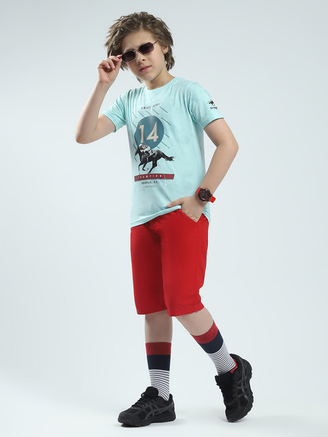 Boys Blue Printed Round Neck Half Sleeve T-Shirt