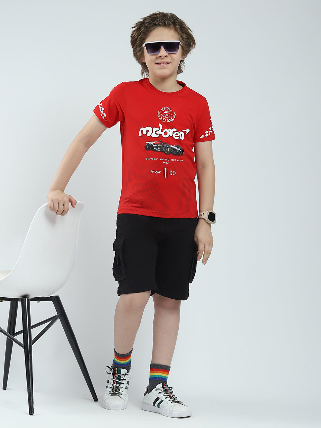 Boys Red Printed Round Neck Half Sleeve T-Shirt