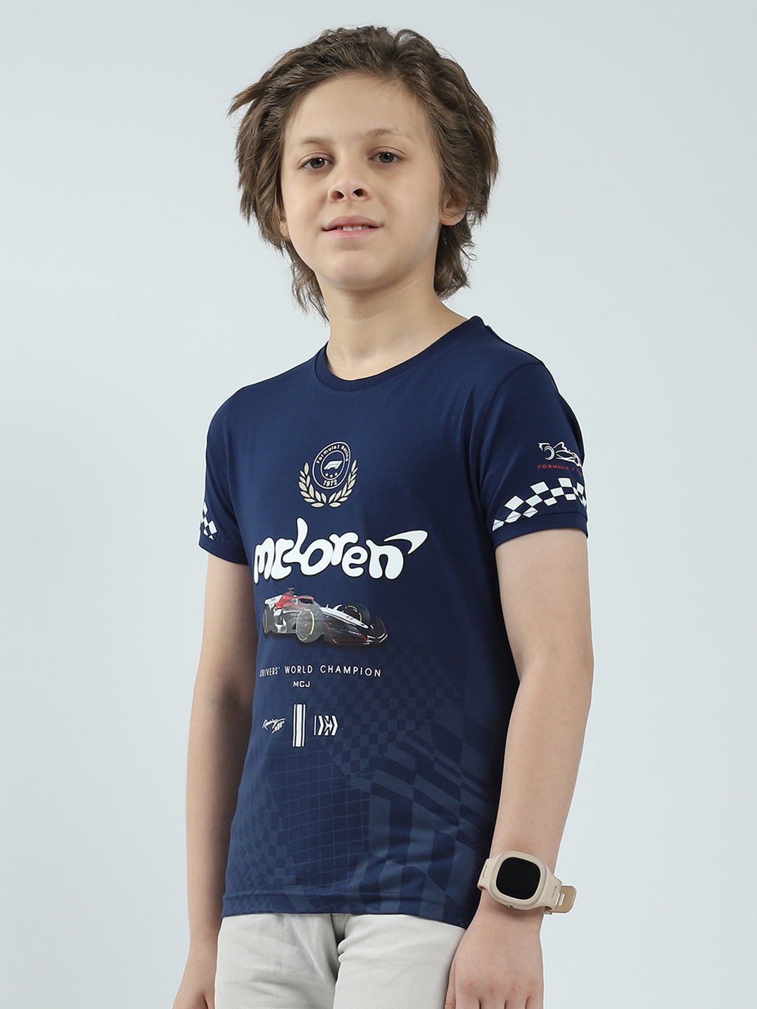 Boys Navy Blue Printed Round Neck Half Sleeve T-Shirt