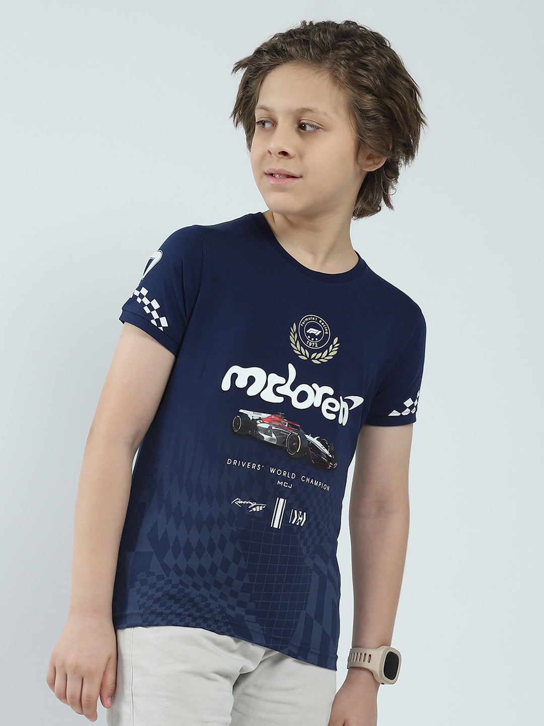 Boys Navy Blue Printed Round Neck Half Sleeve T-Shirt