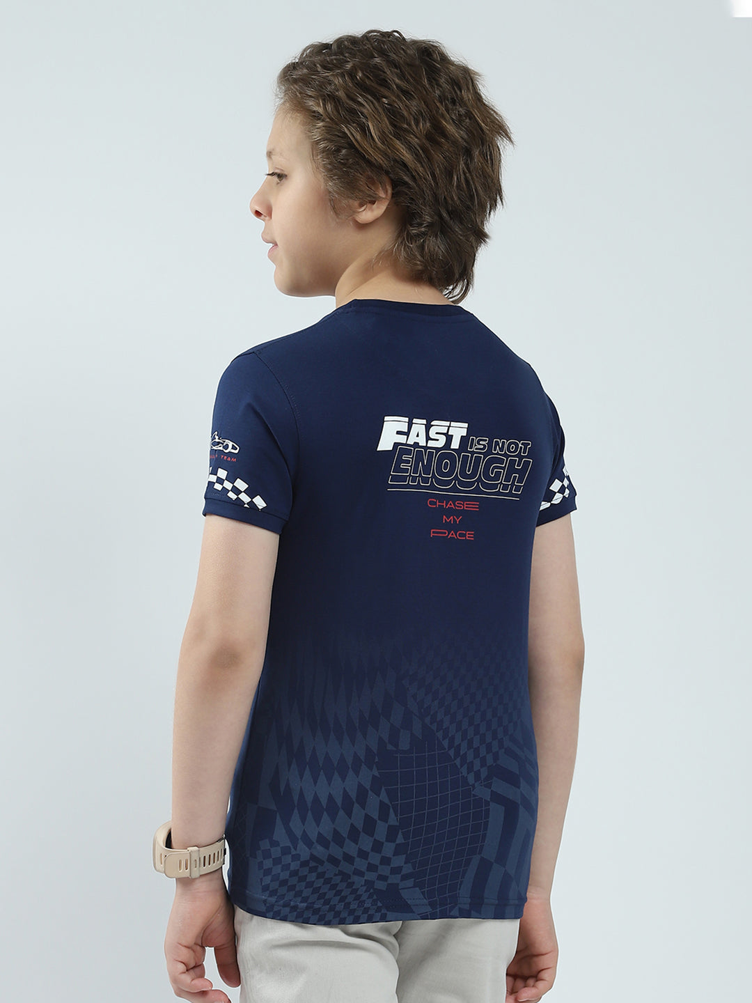 Boys Navy Blue Printed Round Neck Half Sleeve T-Shirt