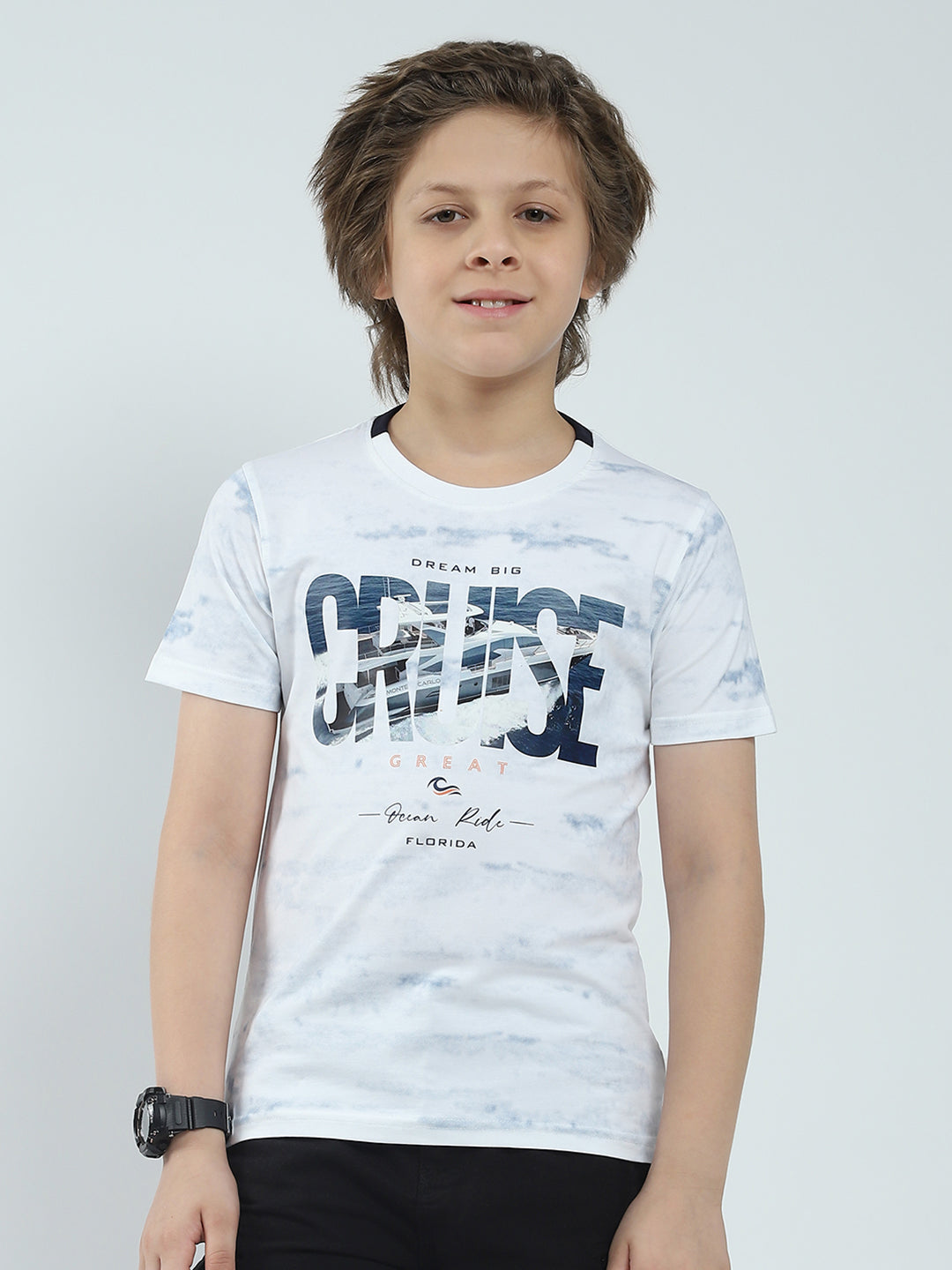 Boys White Printed Round Neck Half Sleeve T-Shirt