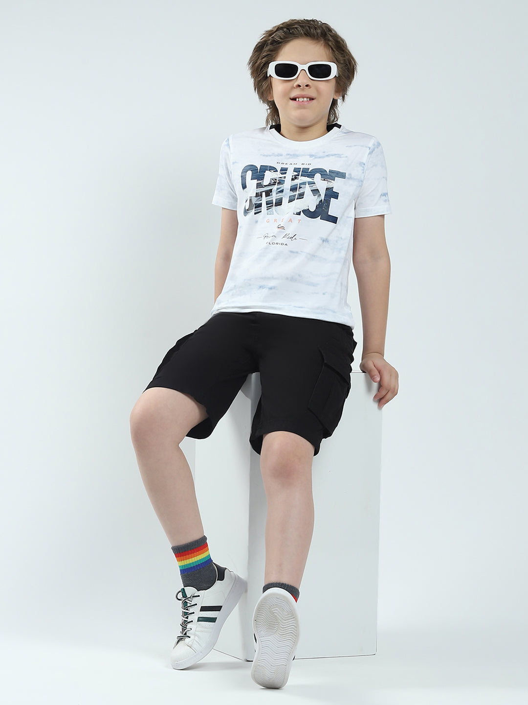 Boys White Printed Round Neck Half Sleeve T-Shirt