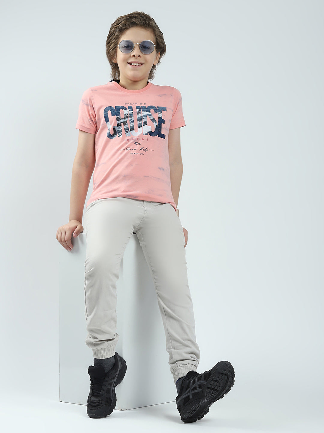 Boys Coral Printed Round Neck Half Sleeve T-Shirt