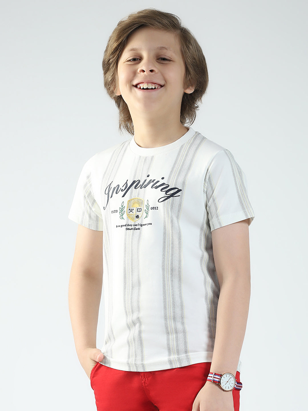 Boys Off White Printed Round Neck Half Sleeve T-Shirt