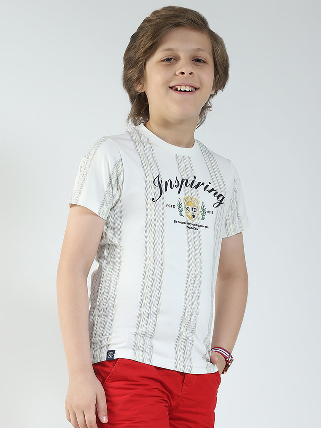 Boys Off White Printed Round Neck Half Sleeve T-Shirt