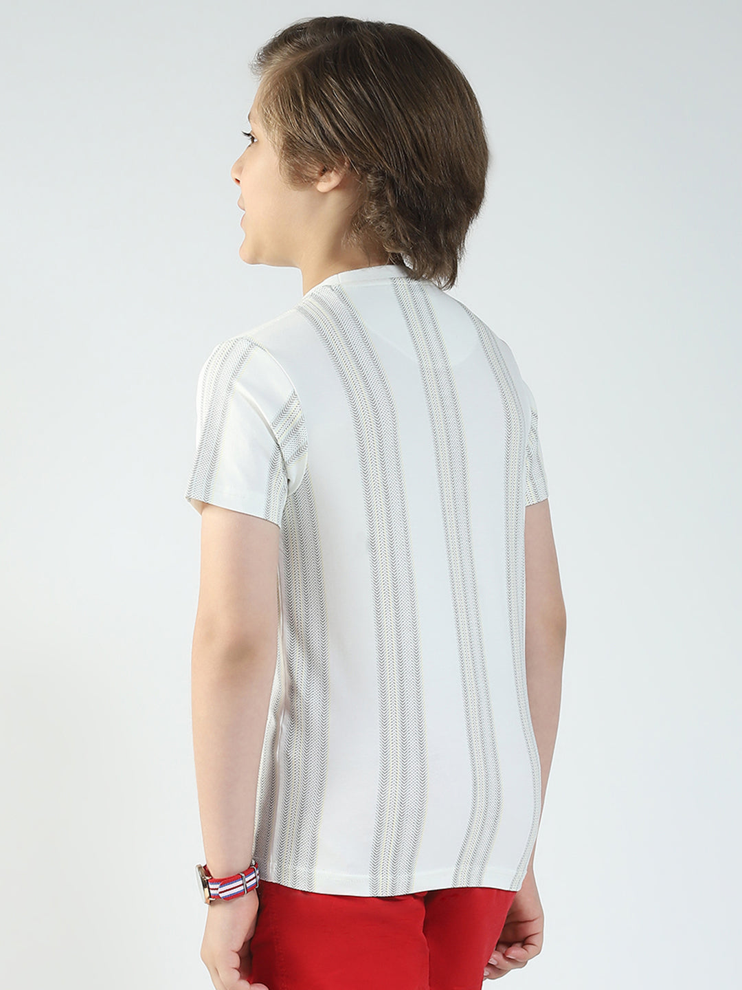 Boys Off White Printed Round Neck Half Sleeve T-Shirt