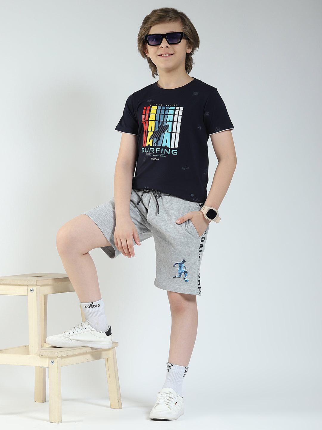 Boys Navy Blue Printed Round Neck Half Sleeve T-Shirt