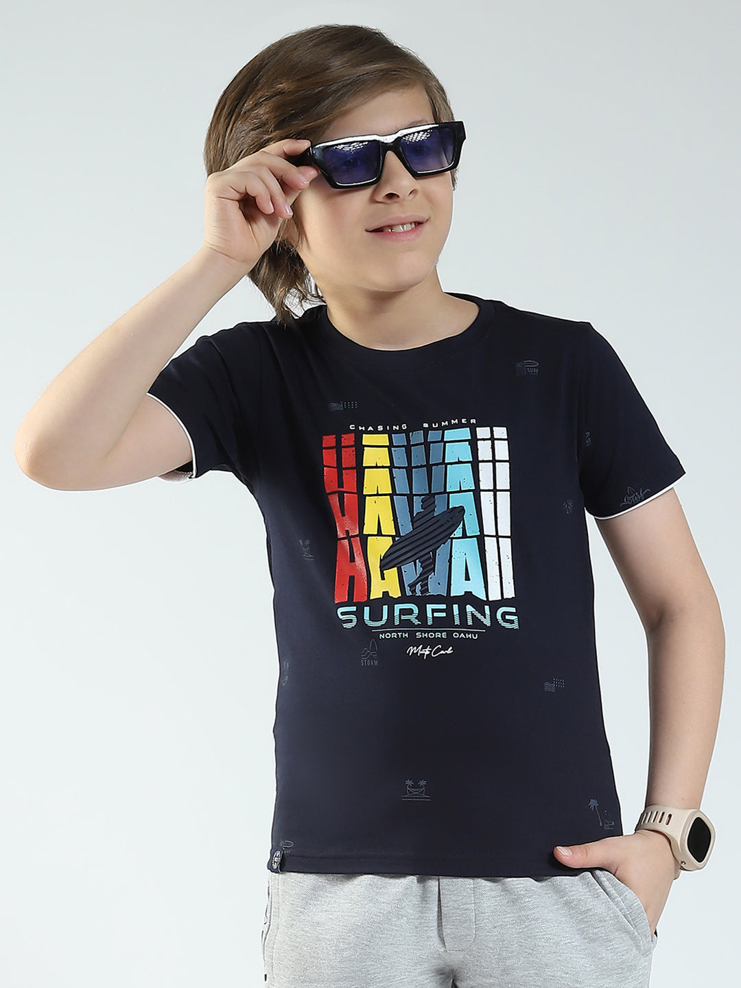 Boys Navy Blue Printed Round Neck Half Sleeve T-Shirt
