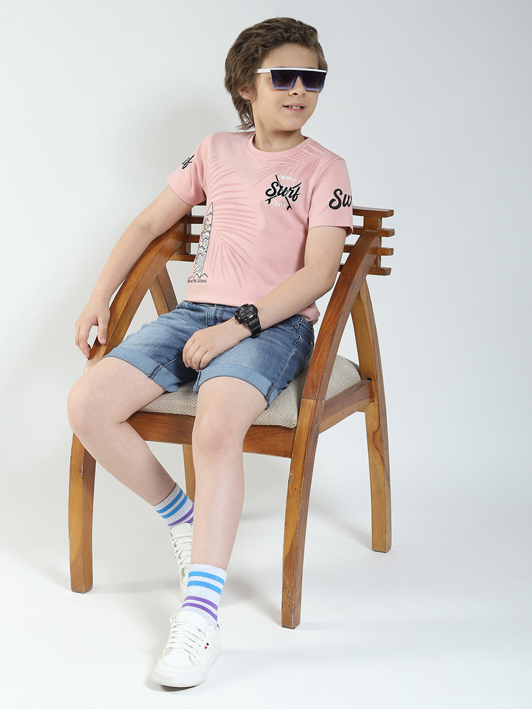 Boys Peach Printed Round Neck Half Sleeve T-Shirt
