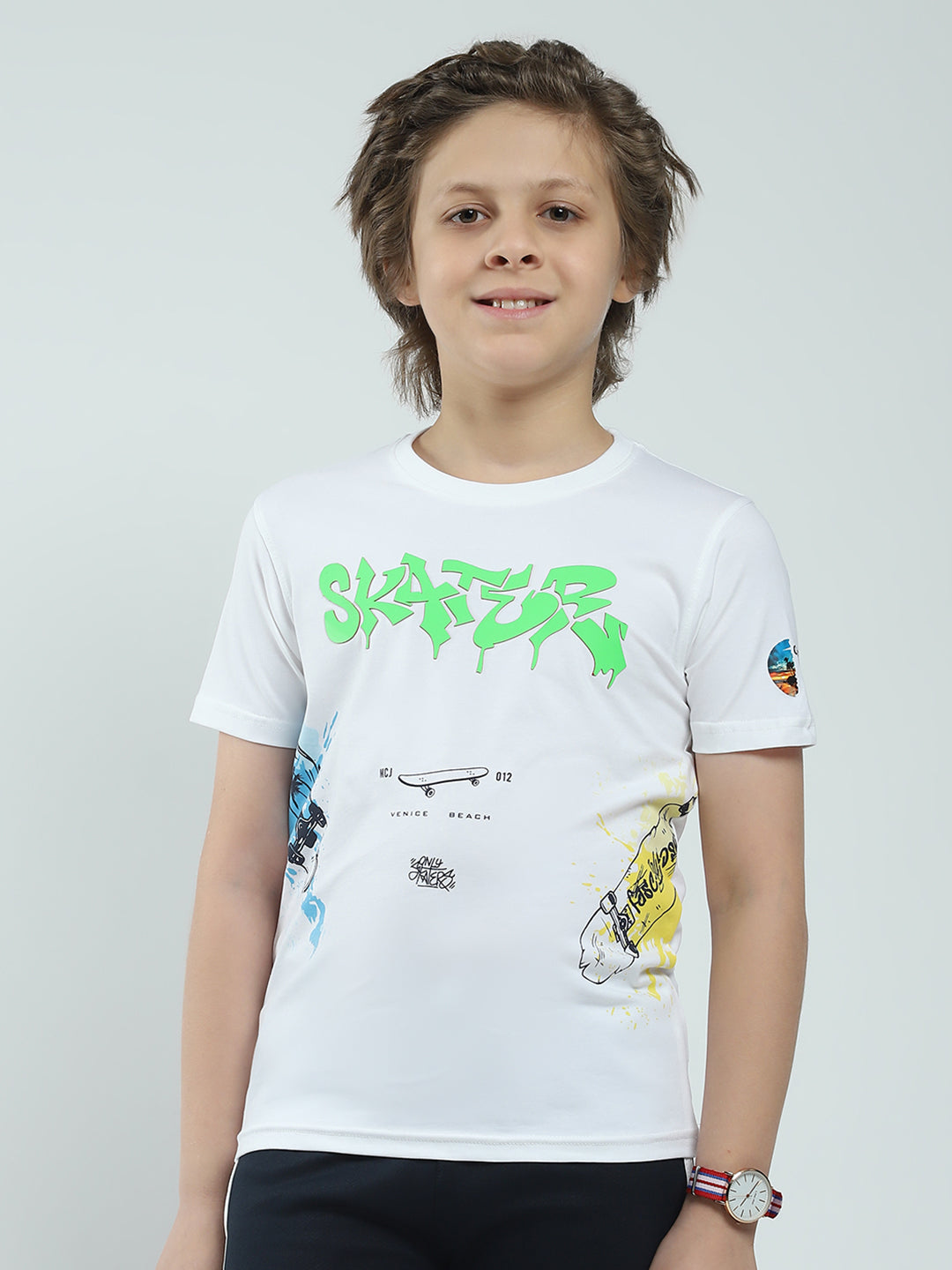 Boys White Printed Round Neck Half Sleeve T-Shirt