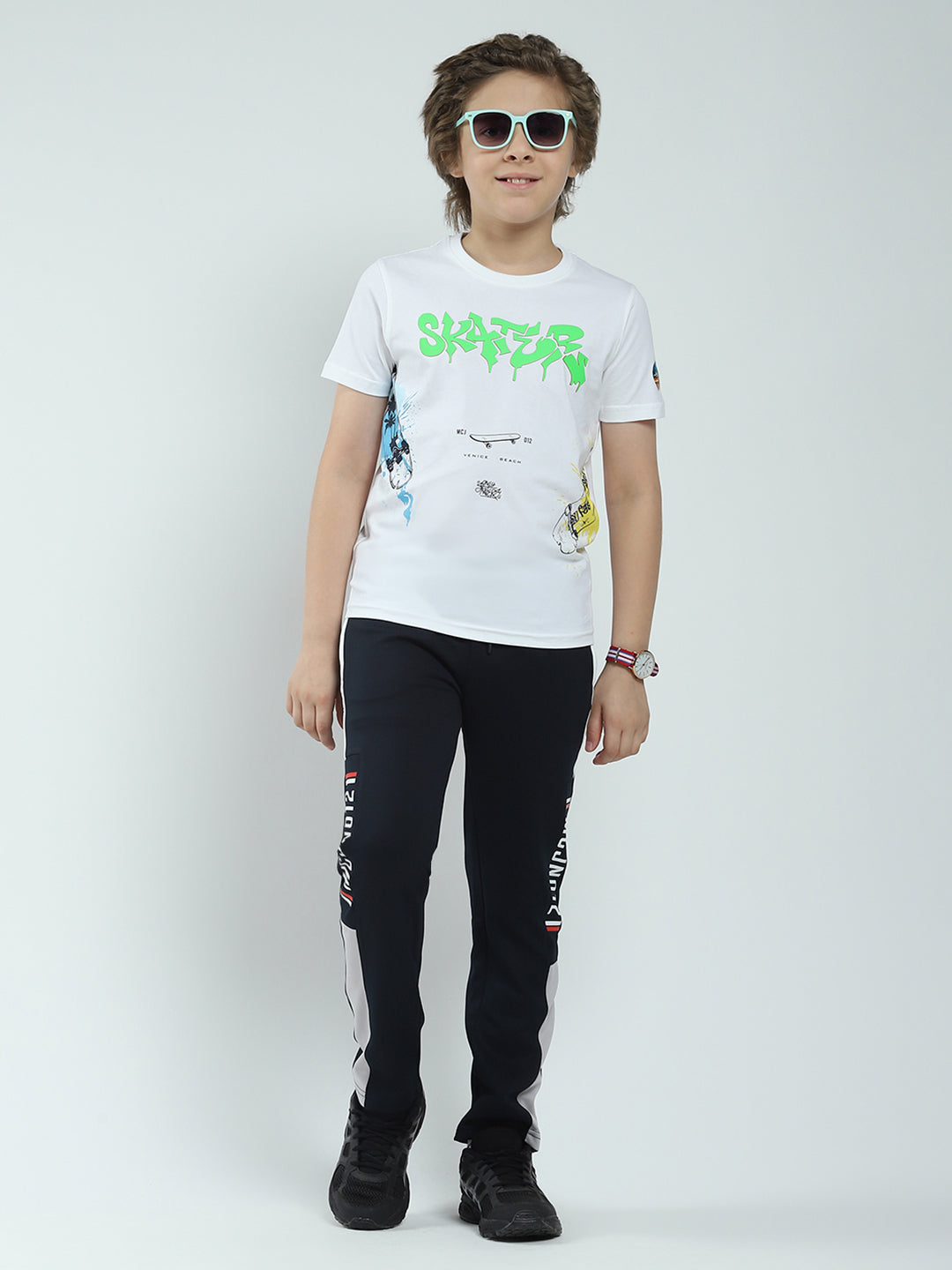 Boys White Printed Round Neck Half Sleeve T-Shirt