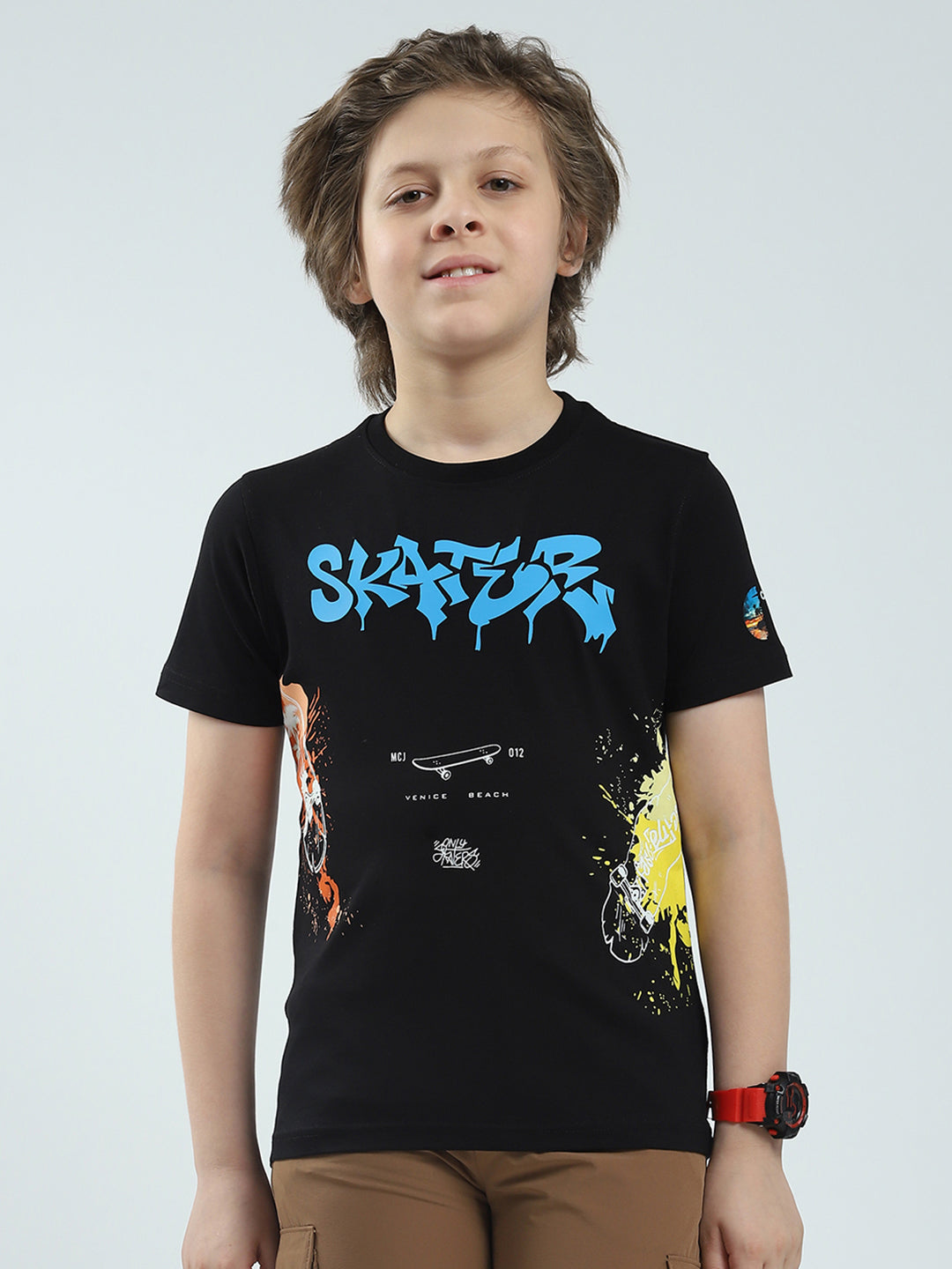 Boys Black Printed Round Neck Half Sleeve T-Shirt