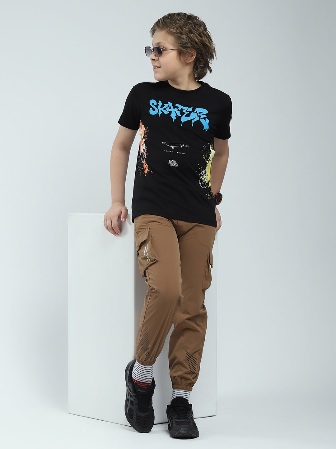 Boys Black Printed Round Neck Half Sleeve T-Shirt