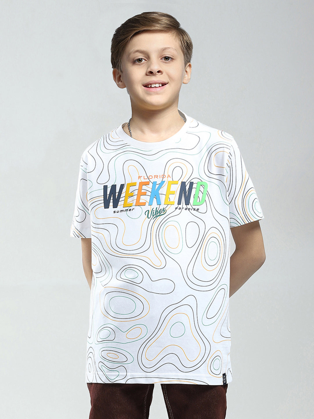 Boys White Printed Round Neck Half Sleeve T-Shirt