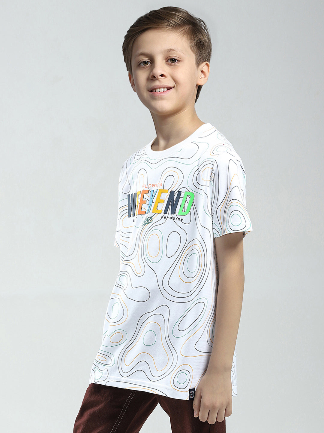 Boys White Printed Round Neck Half Sleeve T-Shirt
