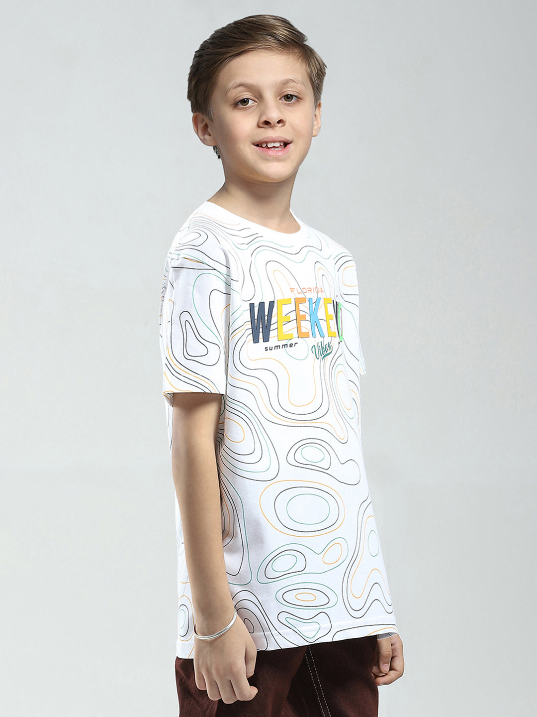 Boys White Printed Round Neck Half Sleeve T-Shirt