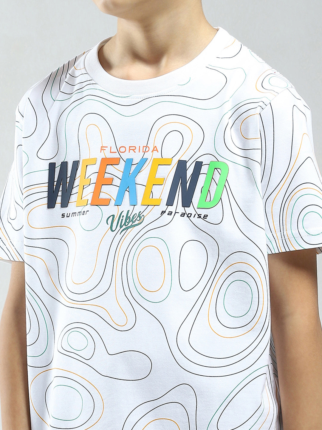 Boys White Printed Round Neck Half Sleeve T-Shirt