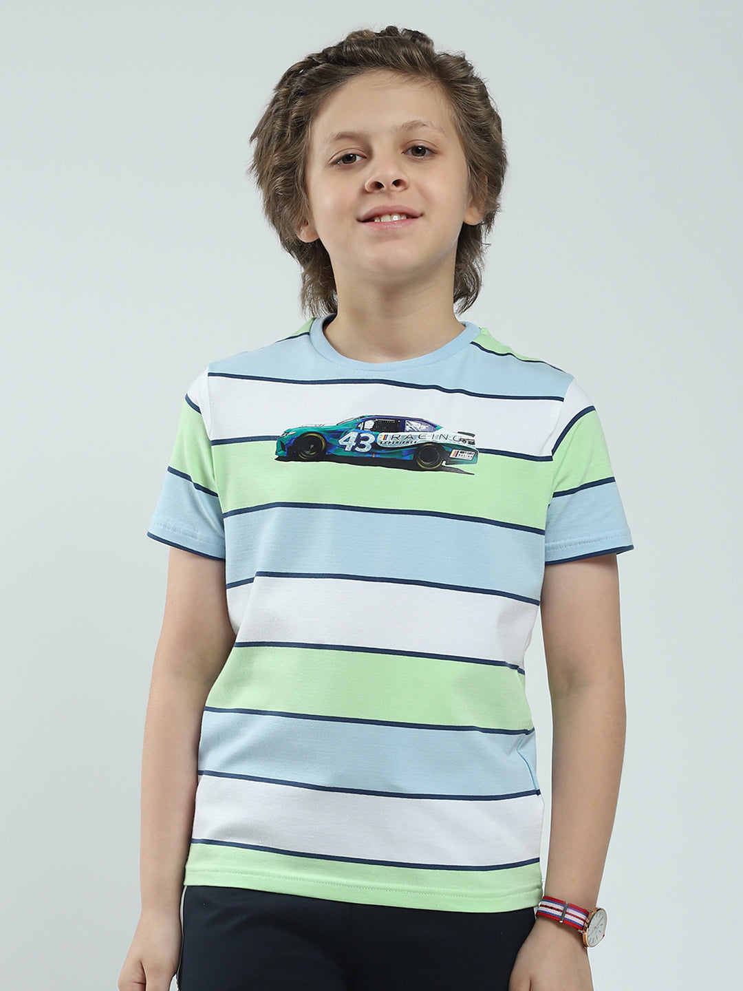 Boys Blue Stripe Round Neck Half Sleeve T-Shirt