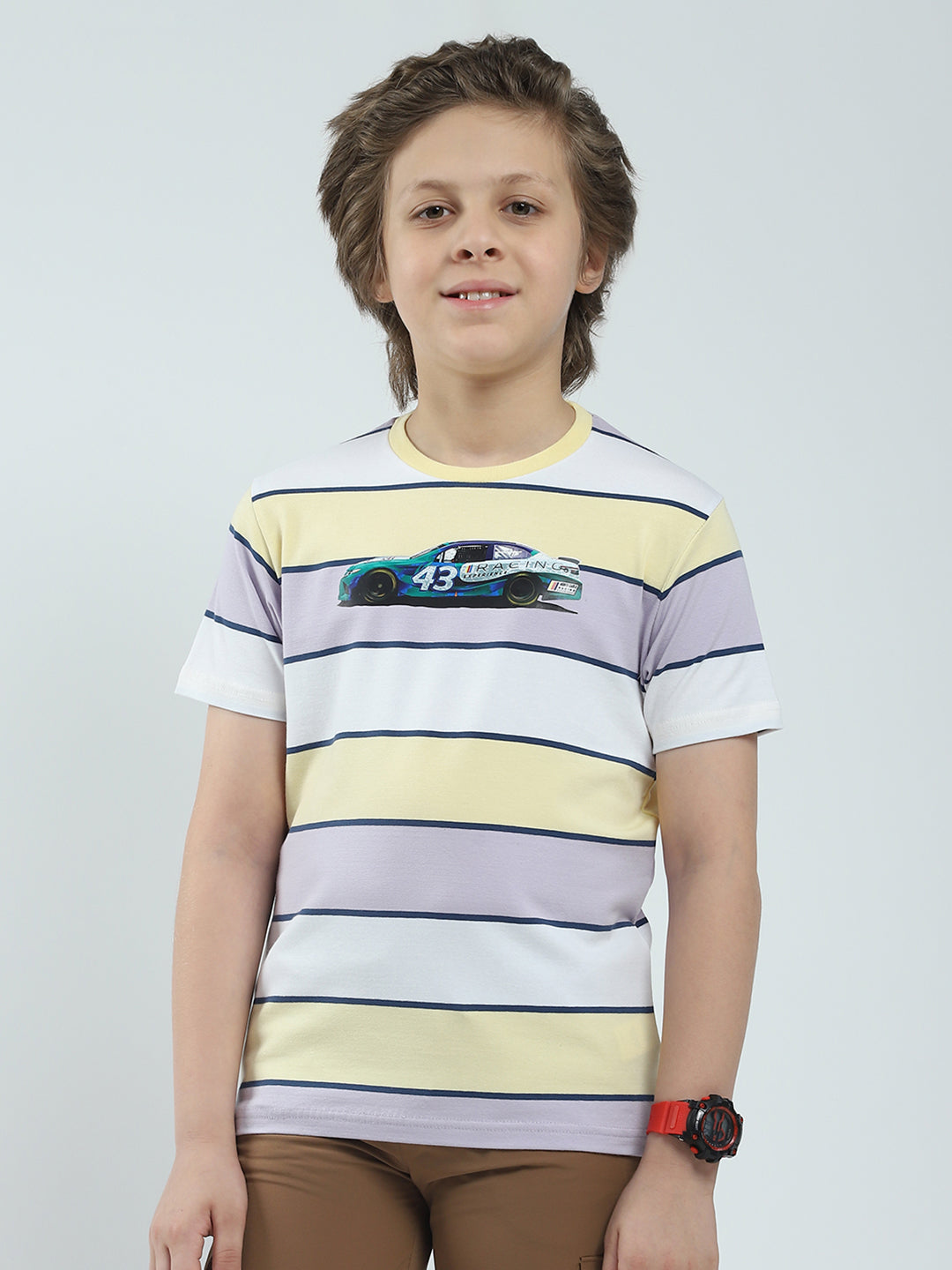 Boys Grey & Yellow Stripe Round Neck Half Sleeve T-Shirt