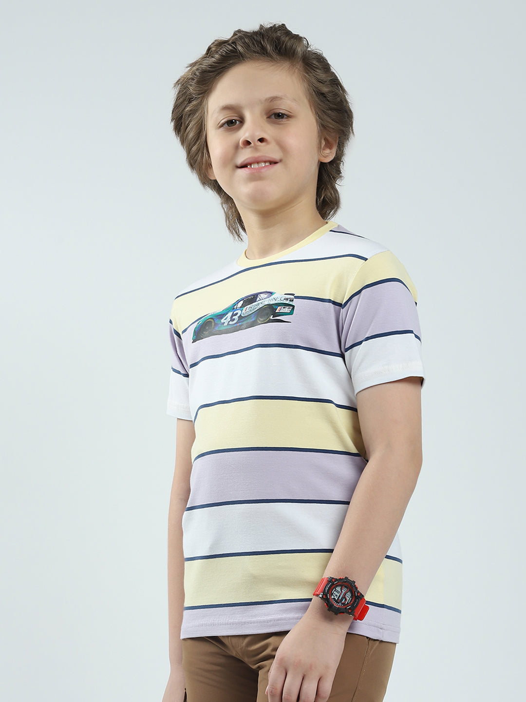 Boys Grey & Yellow Stripe Round Neck Half Sleeve T-Shirt