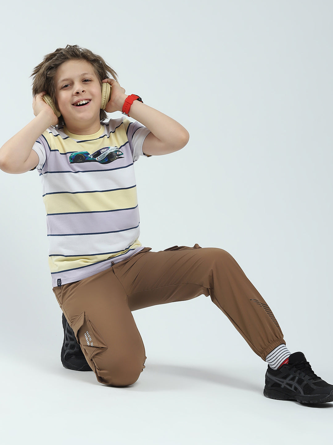 Boys Grey & Yellow Stripe Round Neck Half Sleeve T-Shirt