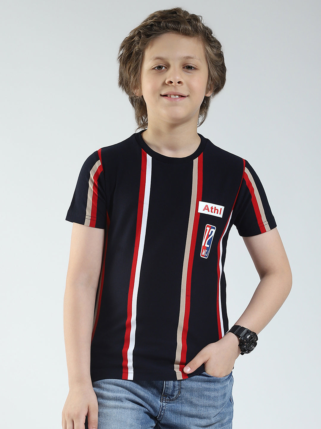 Boys Navy Blue Stripe Round Neck Half Sleeve T-Shirt