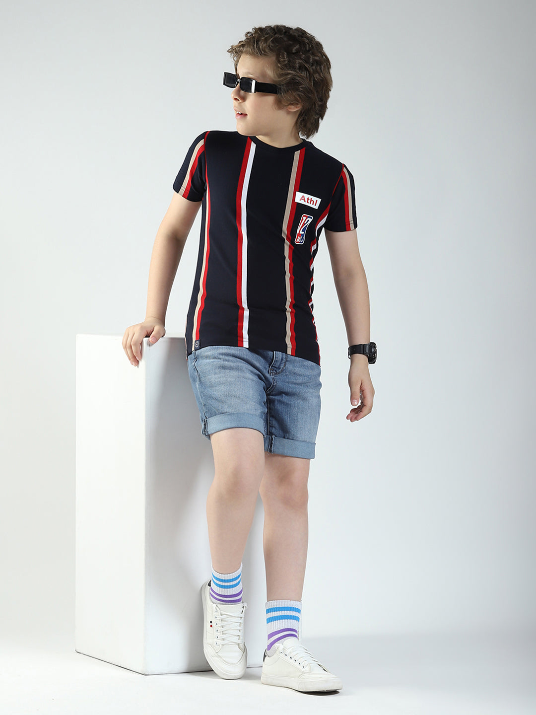 Boys Navy Blue Stripe Round Neck Half Sleeve T-Shirt