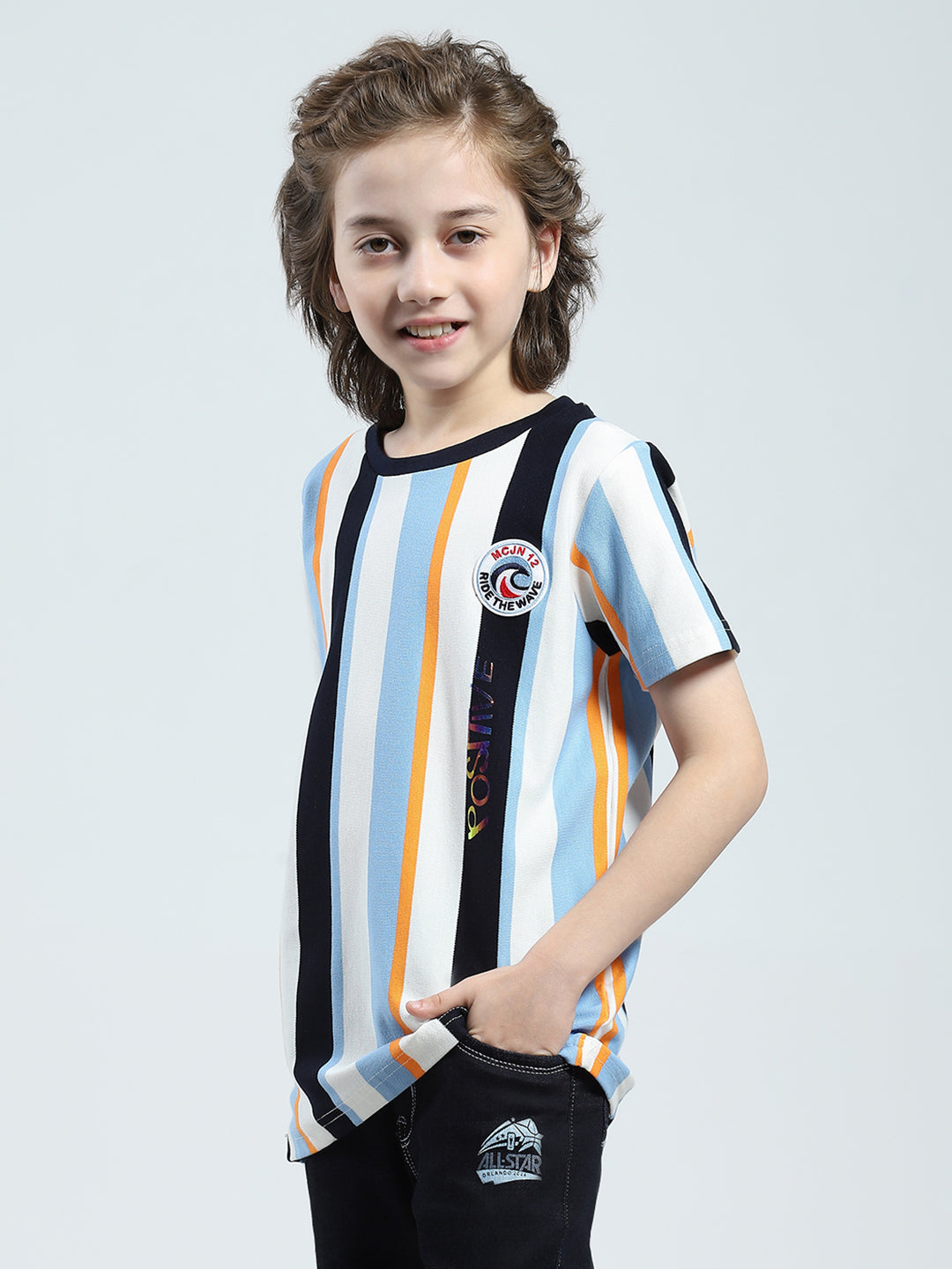 Boys Sky Blue Stripe Round Neck Half Sleeve T-Shirt