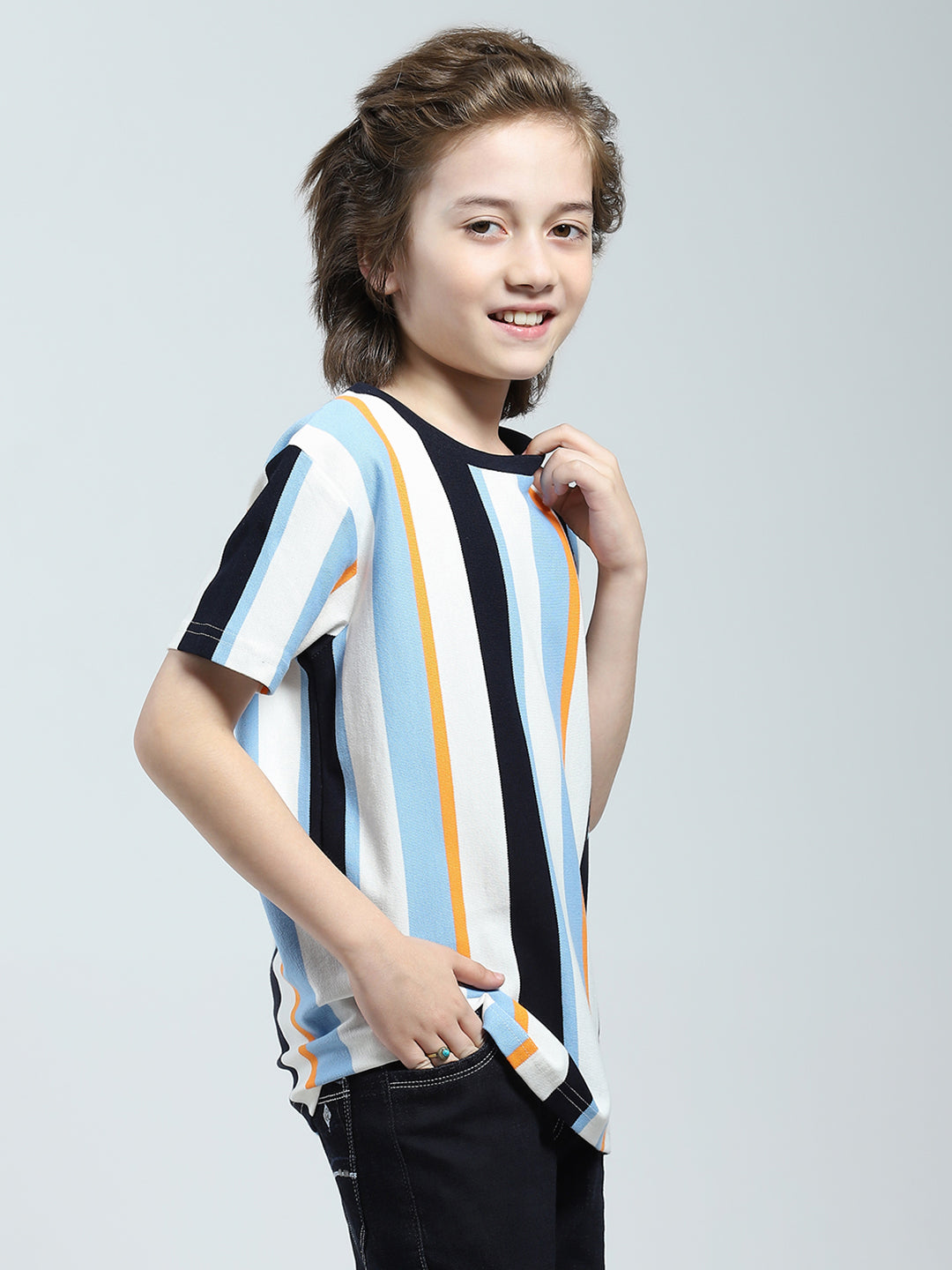 Boys Sky Blue Stripe Round Neck Half Sleeve T-Shirt