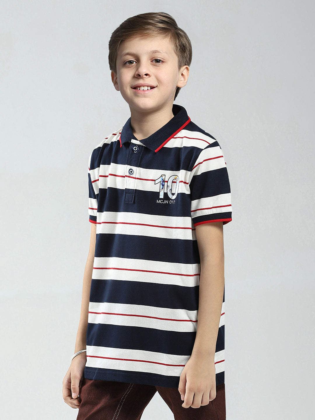 Boys Navy Blue Stripe Collar Half Sleeve T-Shirt
