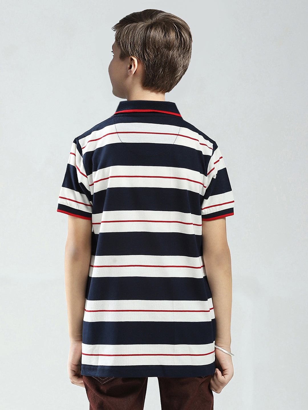 Boys Navy Blue Stripe Collar Half Sleeve T-Shirt