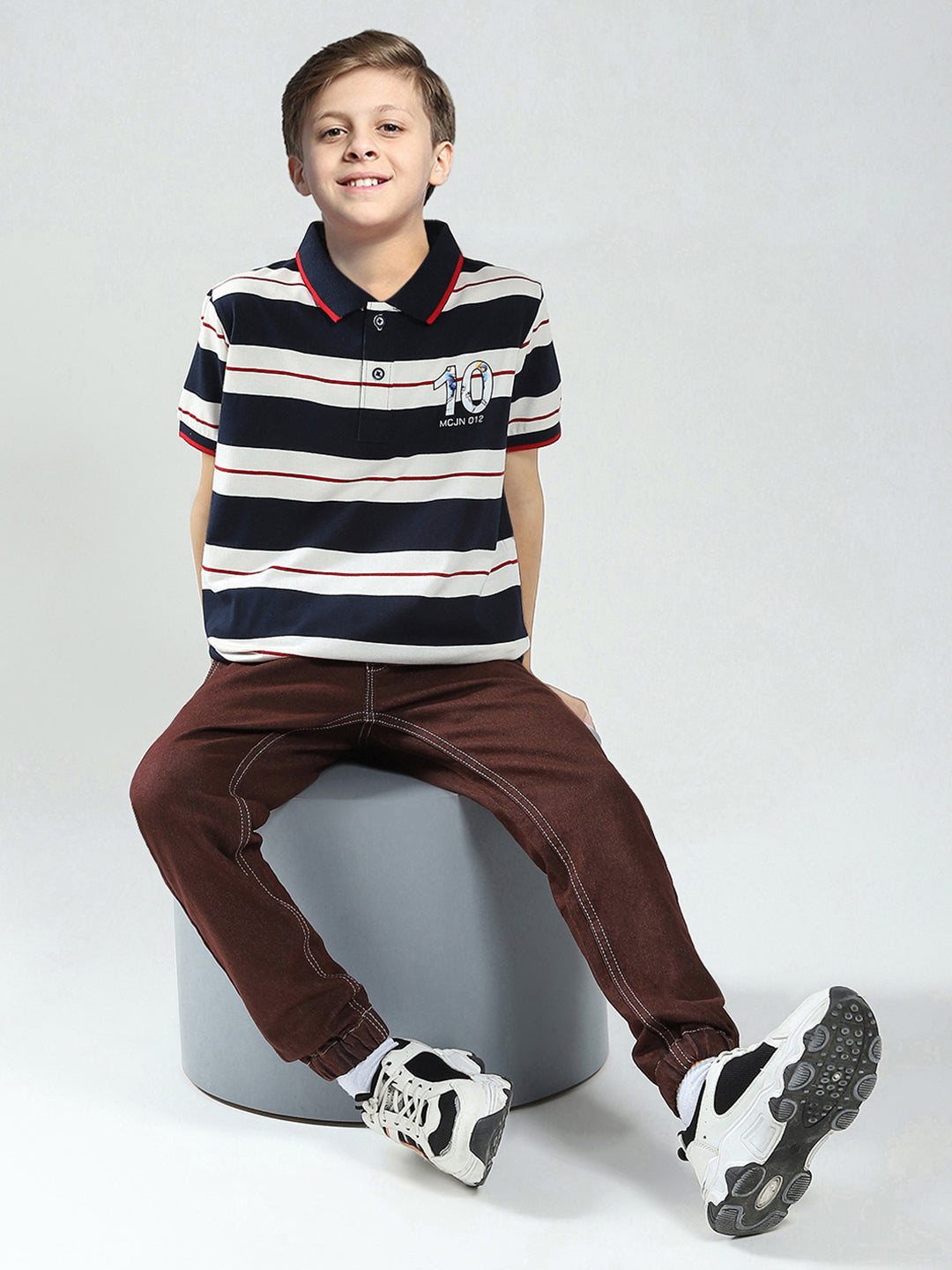 Boys Navy Blue Stripe Collar Half Sleeve T-Shirt