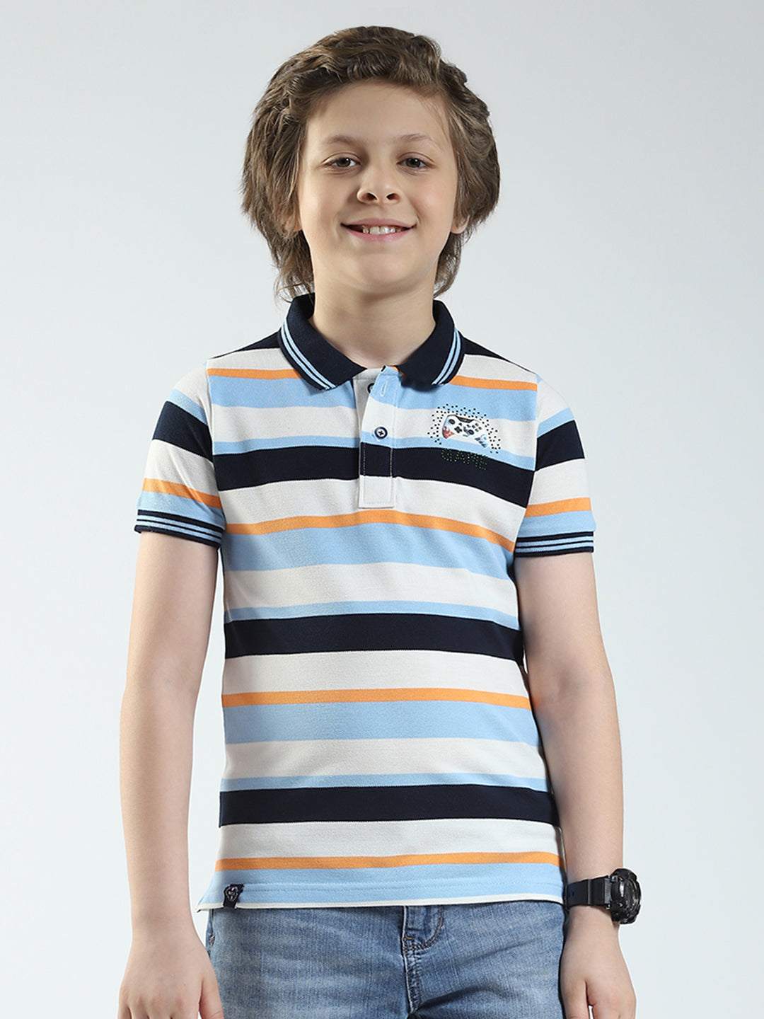 Boys Sky Blue Stripe Collar Half Sleeve T-Shirt