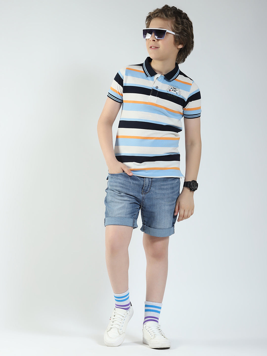 Boys Sky Blue Stripe Collar Half Sleeve T-Shirt