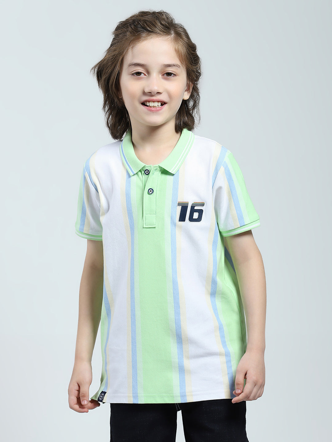Boys Green Stripe Collar Half Sleeve T-Shirt