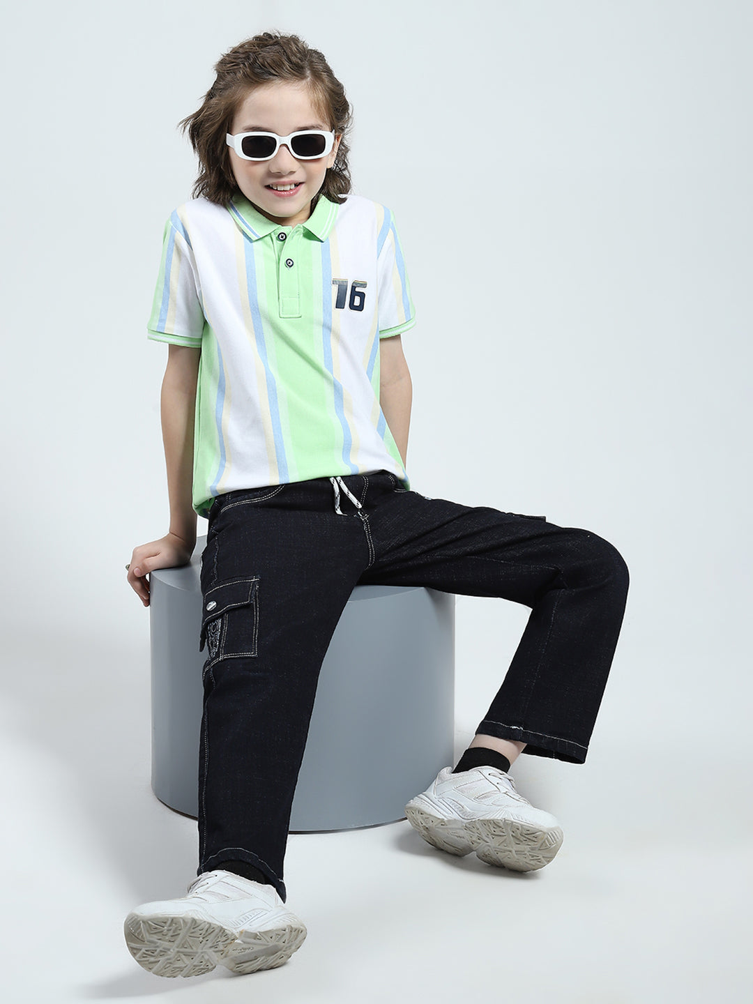 Boys Green Stripe Collar Half Sleeve T-Shirt